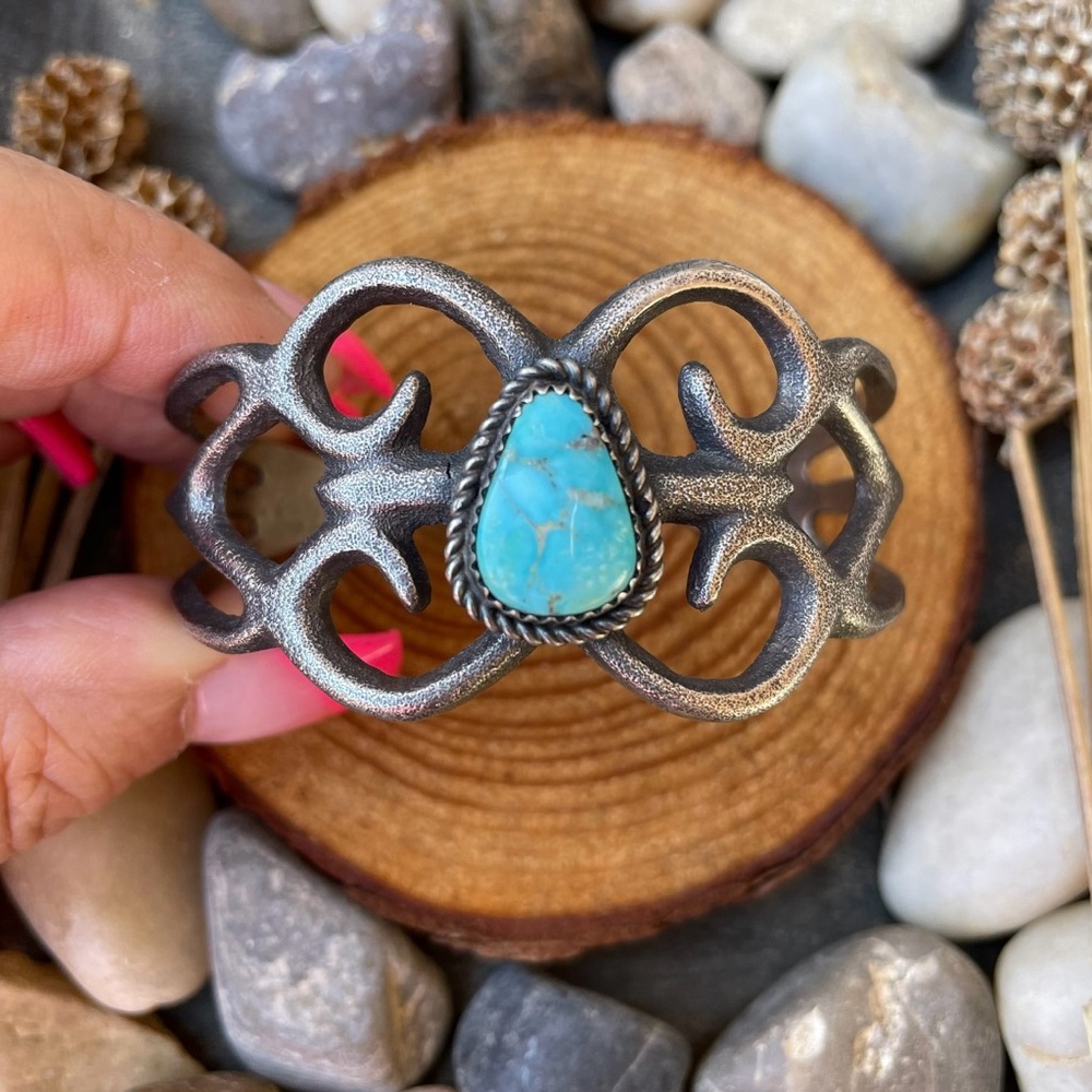 Navajo Turquoise and Sandcast Sterling Silver Bracelet